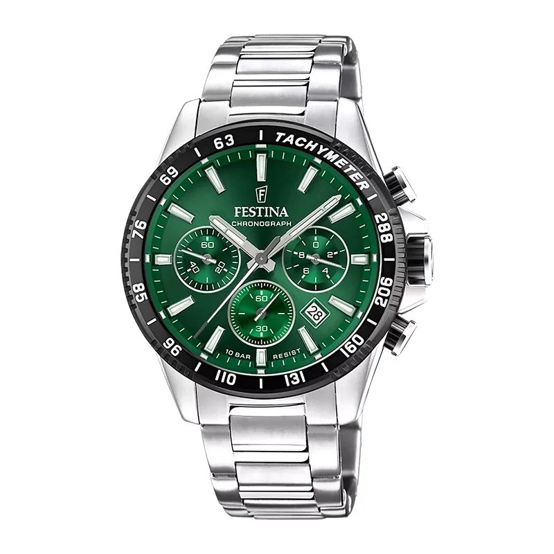 Reloj Festina análogo, para Hombre, tablero redondo color verde, estilo index, pulso acero color plateado, calendario, cronografo