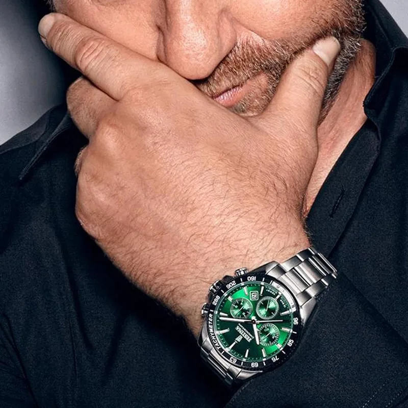 Reloj Festina análogo, para Hombre, tablero redondo color verde, estilo index, pulso acero color plateado, calendario, cronografo