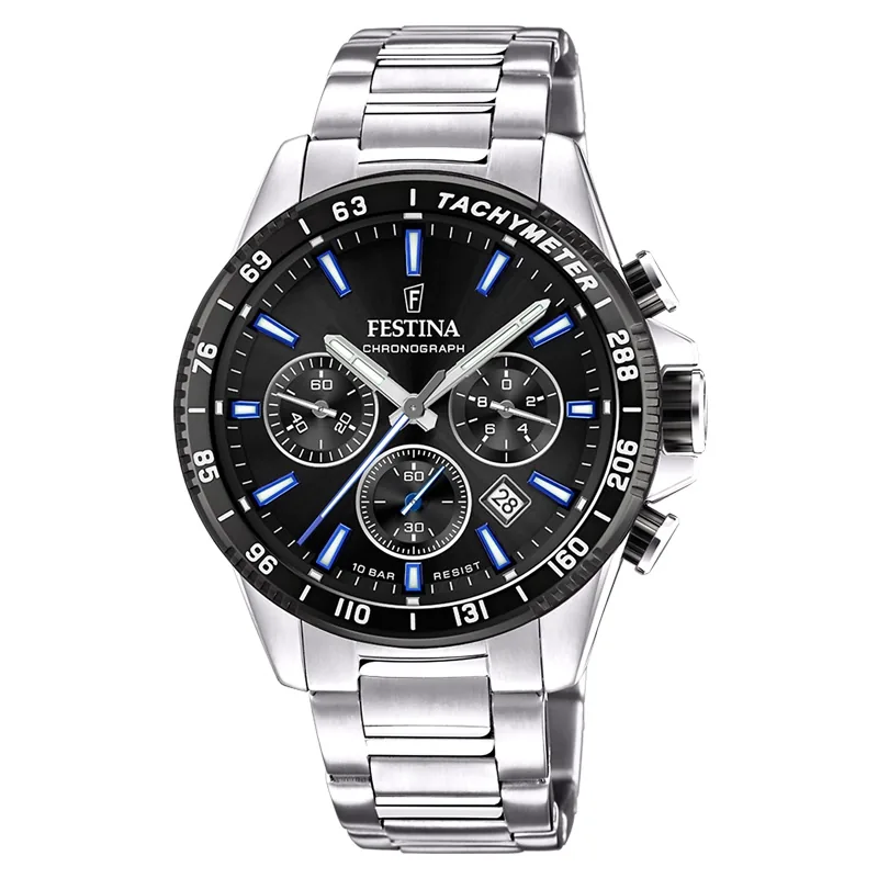 Reloj Festina análogo, para Hombre, tablero redondo color negro, estilo index, pulso acero color plateado, calendario, cronografo