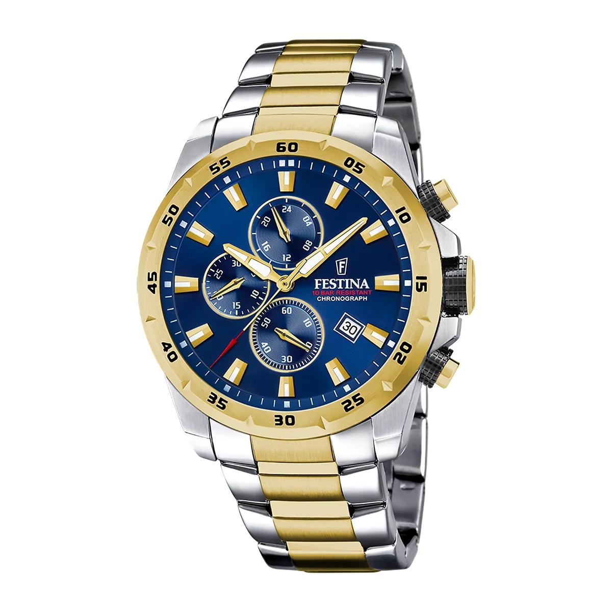 Reloj Festina analogo, para Hombre, tablero redondo color azul, estilo index, pulso acero colores plateado y dorado, calendario, cronografo