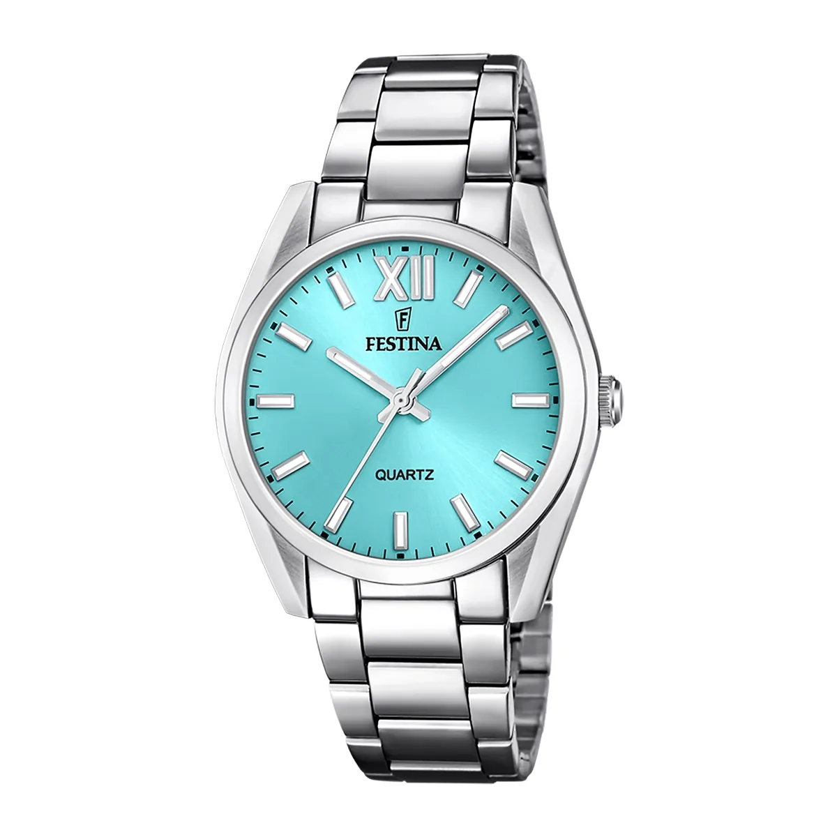 Reloj Festina analogo, para Dama, tablero redondo color azul, estilo index + romano, pulso acero color plateado