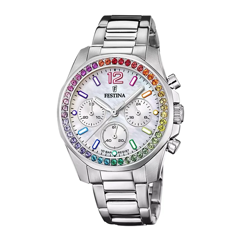 Reloj Festina analogo, para Dama, tablero redondo color blanco, estilo index + arabigo, pulso acero color plateado, calendario, cronografo