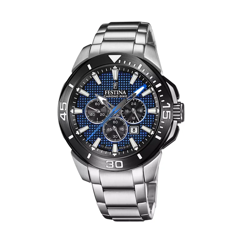Reloj Festina analogo, para Hombre, tablero redondo colores azul y negro, estilo index, pulso acero color plateado, calendario, cronografo