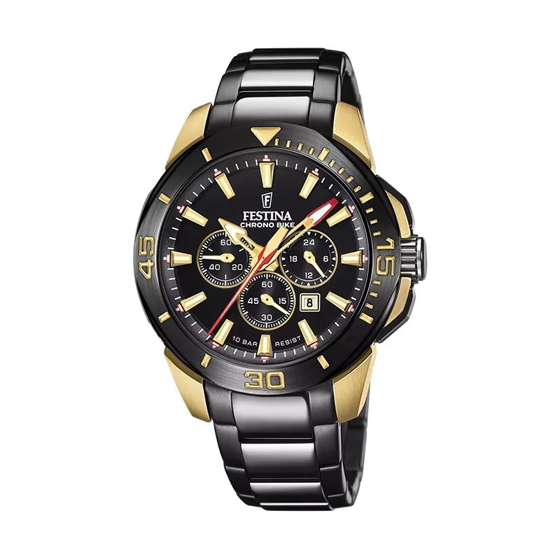 Reloj Festina analogo, para Hombre, tablero redondo color negro, estilo index, pulso acero color negro, calendario, cronografo