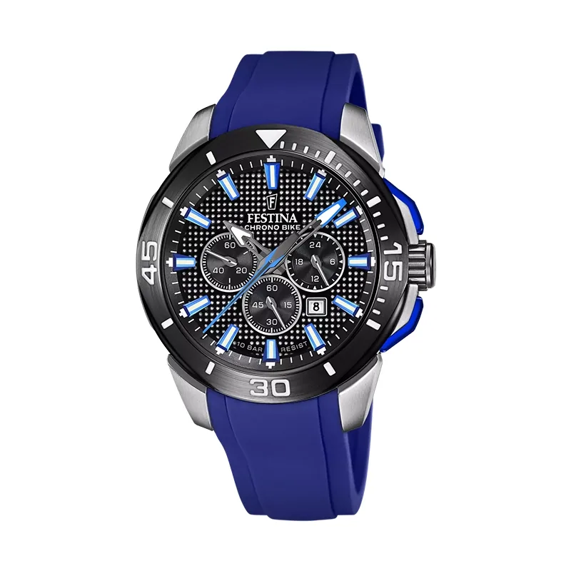 Reloj Festina analogo, para Hombre, tablero redondo colores negro y azul, estilo index, pulso silicona color azul, calendario, cronografo