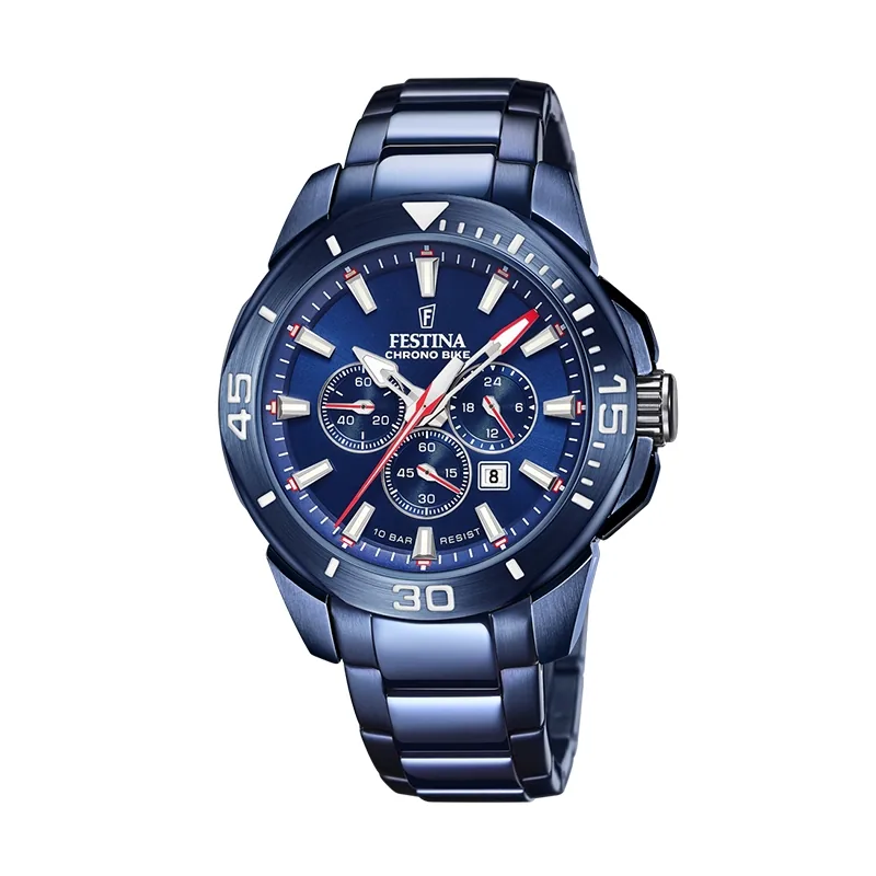 Reloj Festina analogo, para Hombre, tablero redondo colores azul y rojo, estilo index, pulso acero color azul, calendario, cronografo