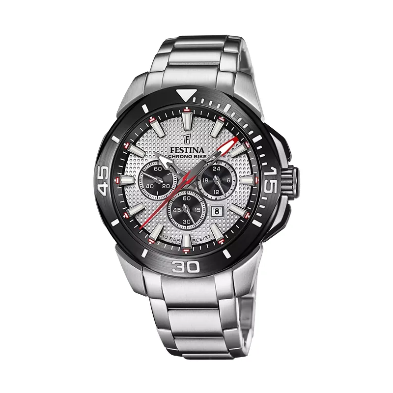Reloj Festina analogo, para Hombre, tablero redondo colores plateado, gris y rojo, estilo index, pulso acero color plateado, calendario, cronografo