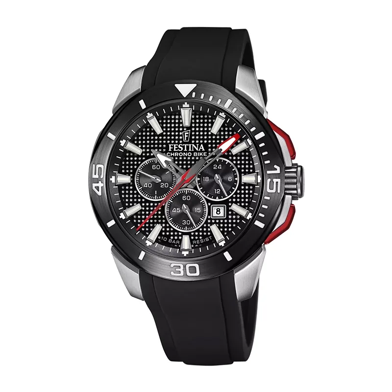 Reloj Festina analogo, para Hombre, tablero redondo colores negro y rojo, estilo index, pulso silicona color negro, calendario, cronografo