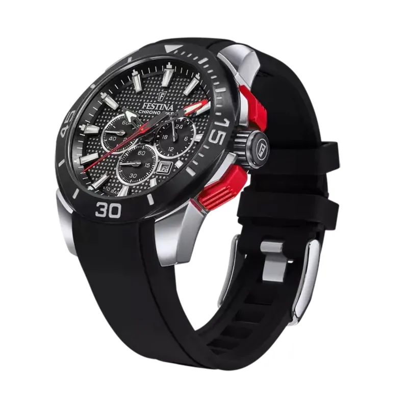 Reloj Festina analogo, para Hombre, tablero redondo colores negro y rojo, estilo index, pulso silicona color negro, calendario, cronografo
