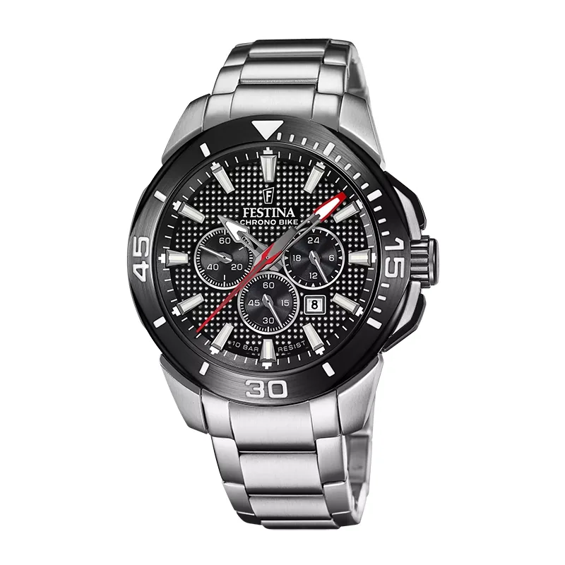Reloj Festina analogo, para Hombre, tablero redondo colores negro y rojo, estilo index, pulso acero color plateado, calendario, cronografo