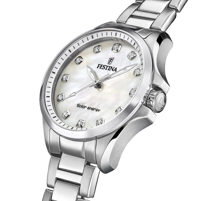 Reloj Festina analogo, para Dama, tablero redondo color blanco, estilo puntos, pulso acero color plateado