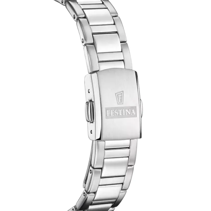 Reloj Festina analogo, para Dama, tablero redondo color blanco, estilo puntos, pulso acero color plateado