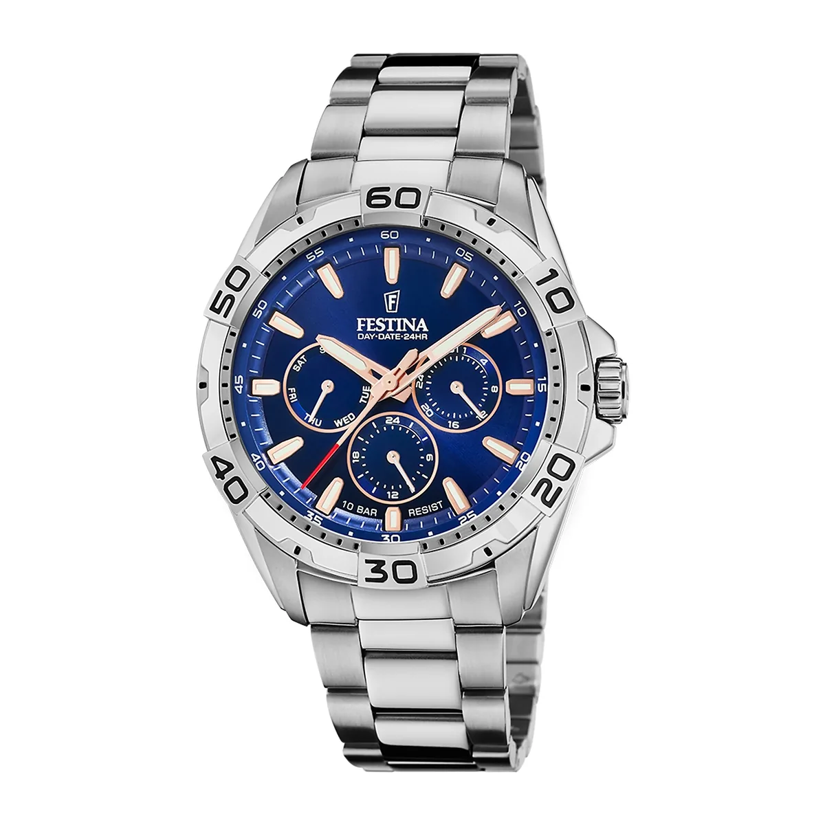 Reloj Festina análogo, para Hombre, tablero redondo color azul, estilo index, pulso acero color plateado, calendario