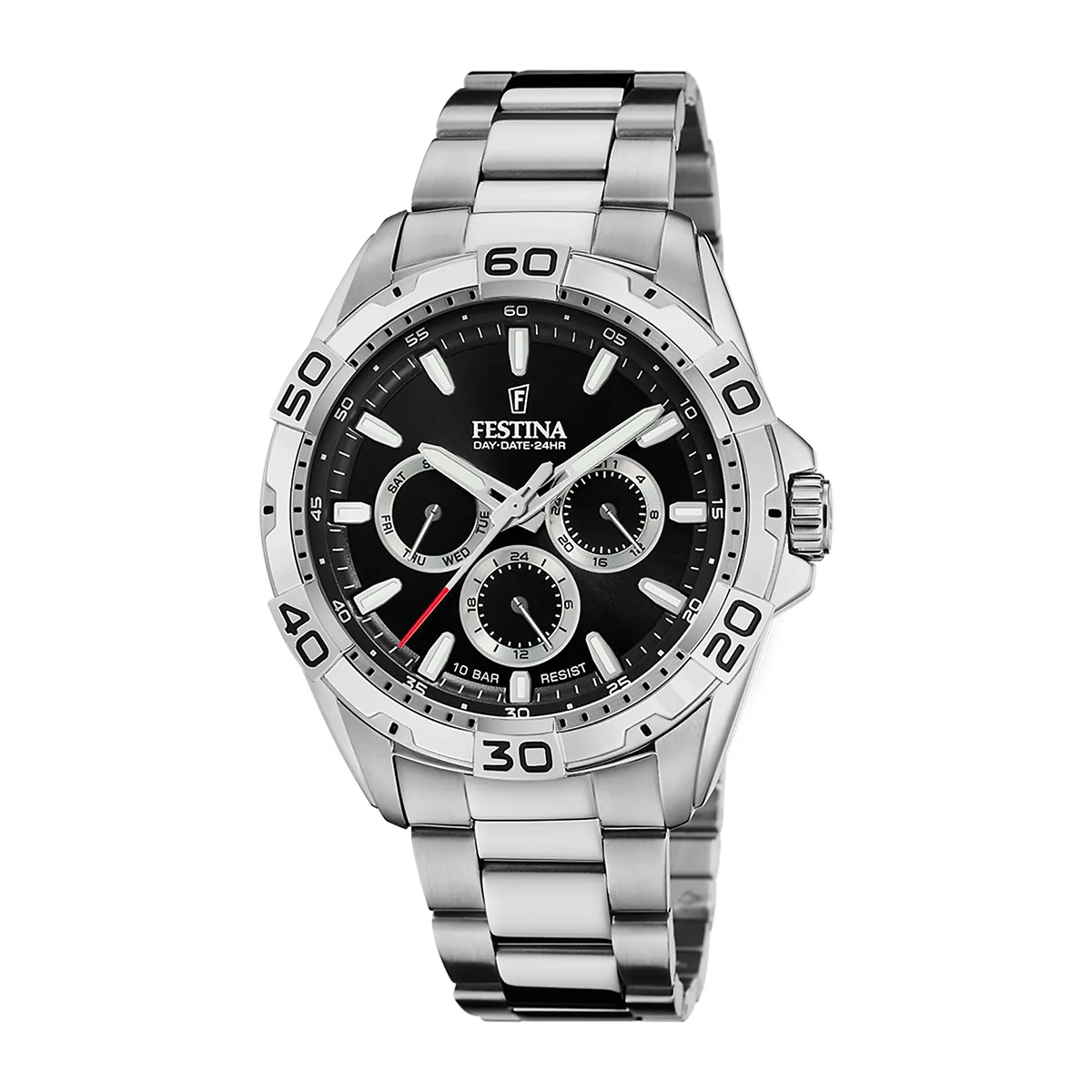 Reloj Festina analogo, para Hombre, tablero redondo color negro, estilo index, pulso acero color plateado, calendario