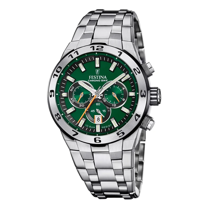 Reloj Festina analogo, para Hombre, tablero redondo colores verde y naranja, estilo index, pulso acero color plateado, calendario, cronografo