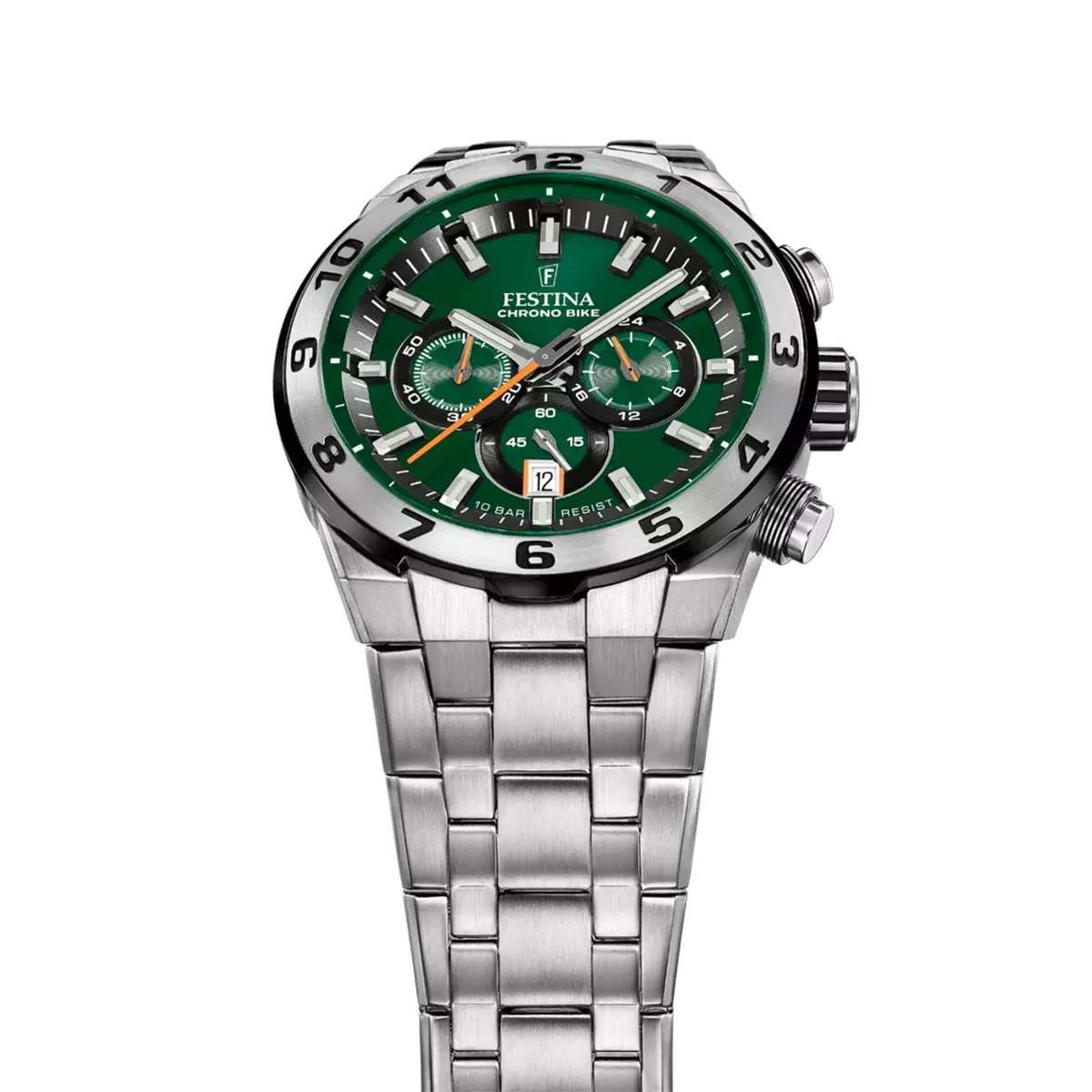 Reloj Festina analogo, para Hombre, tablero redondo colores verde y naranja, estilo index, pulso acero color plateado, calendario, cronografo