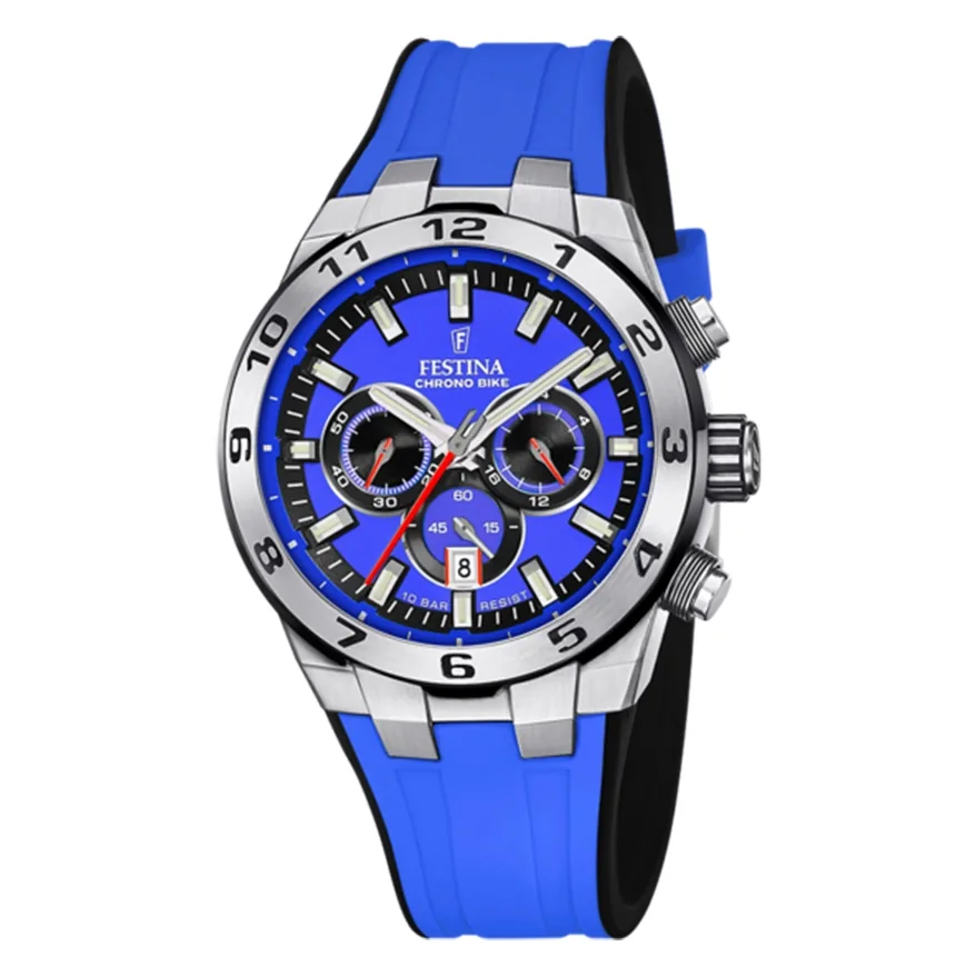 Reloj Festina analogo, para Hombre, tablero redondo colores azul y azul, estilo index, pulso silicona colores azul y azul, calendario, cronografo