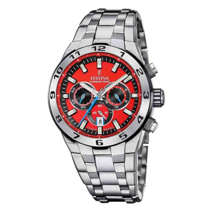 Reloj Festina analogo, para Hombre, tablero redondo colores verde y rojo, estilo index, pulso acero color plateado, calendario, cronografo