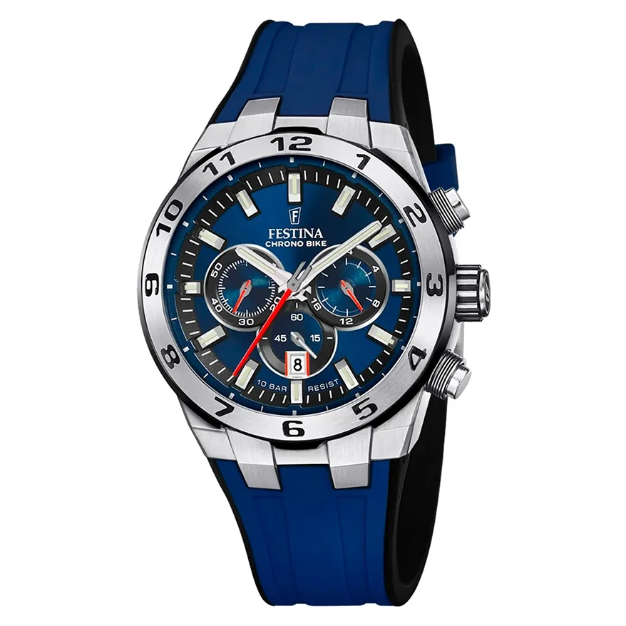 Reloj Festina analogo, para Hombre, tablero redondo colores azul y rojo, estilo index, pulso silicona color azul, calendario, cronografo
