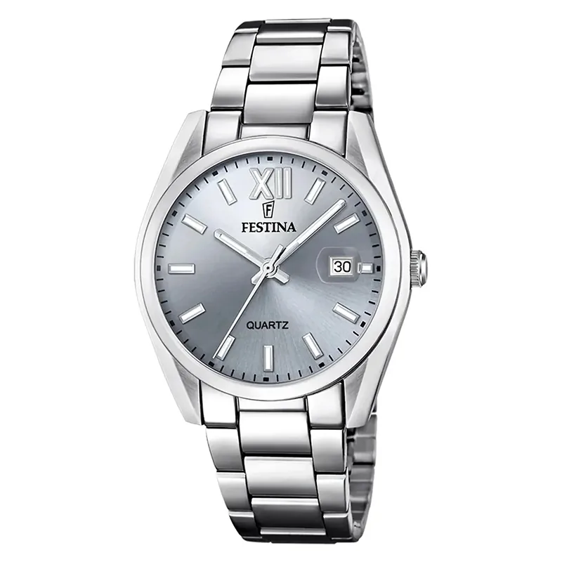 Reloj Festina analogo, para Hombre, tablero redondo color gris, estilo index + romano, pulso acero color plateado, calendario