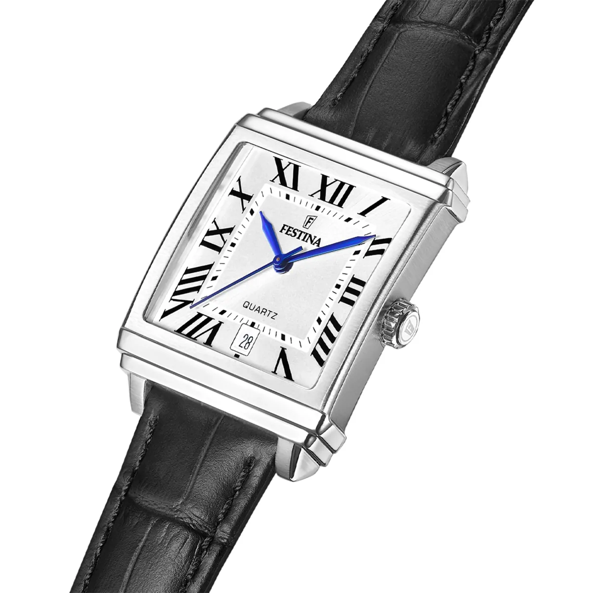 Reloj Festina analogo, para Dama, tablero rectangular color plateado, estilo romanos, pulso cuero color negro, calendario