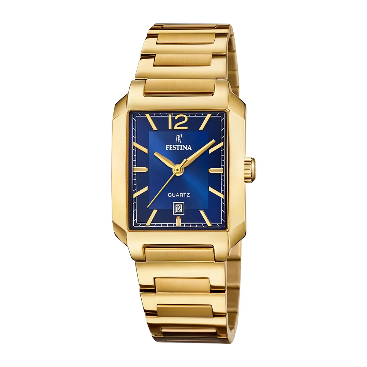 Reloj Festina analogo, para Dama, tablero rectangular color azul, estilo index + arabigo, pulso acero color dorado, calendario