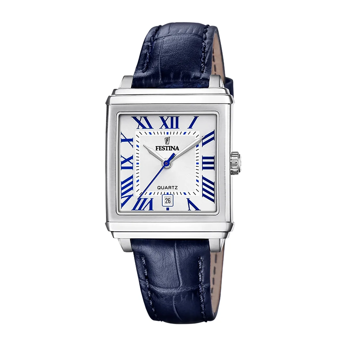 Reloj Festina análogo, para Dama, tablero rectangular color plateado, estilo romanos, pulso cuero color azul, calendario