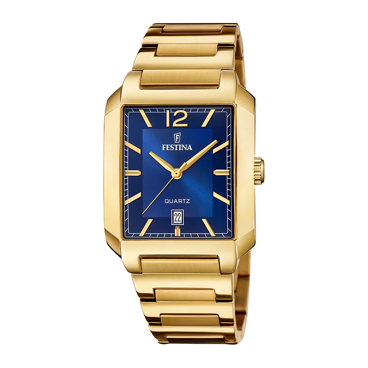 Reloj Festina analogo, para Hombre, tablero rectangular color azul, estilo index + arabigo, pulso acero color dorado, calendario