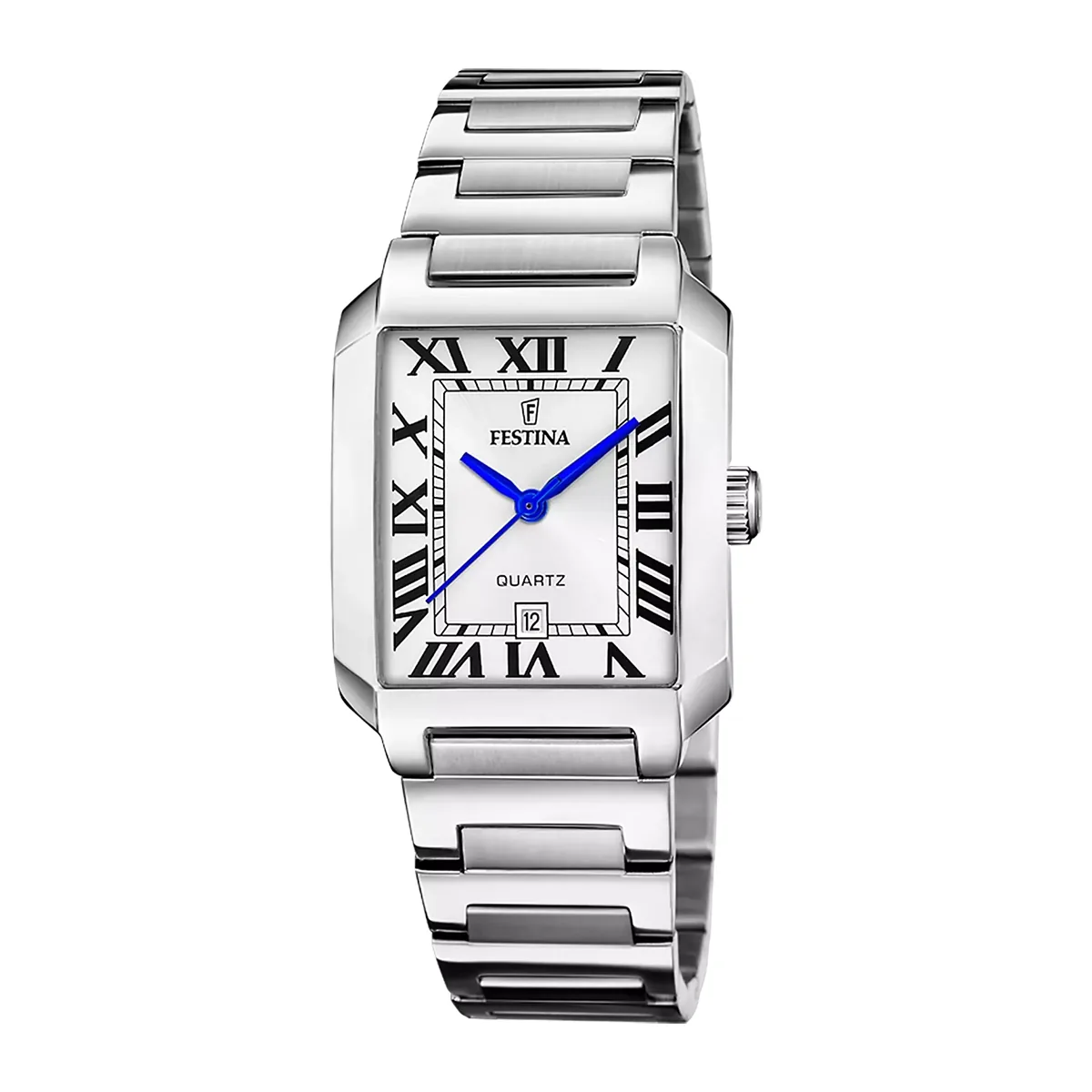Reloj Festina análogo, para Dama, tablero rectangular colores plateado y azul, estilo romanos, pulso acero color plateado, calendario