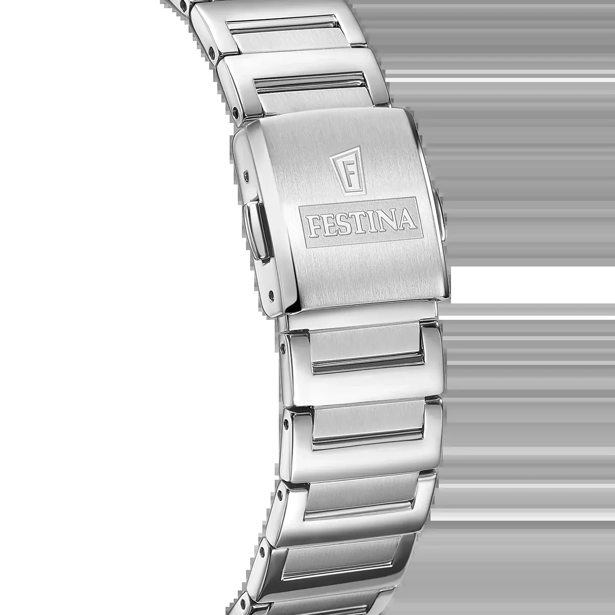 Reloj Festina análogo, para Dama, tablero rectangular colores plateado y azul, estilo romanos, pulso acero color plateado, calendario