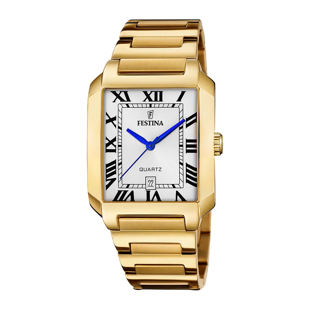 Reloj Festina analogo, para Hombre, tablero rectangular color plateado, estilo romanos, pulso acero color dorado, calendario