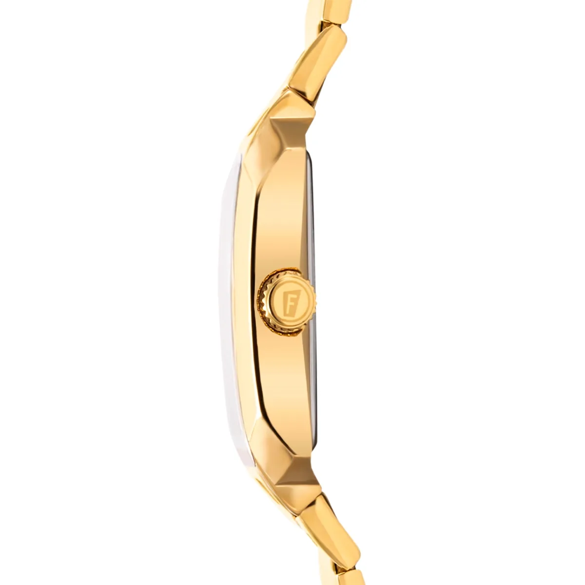 Reloj Festina analogo, para Hombre, tablero rectangular color plateado, estilo romanos, pulso acero color dorado, calendario