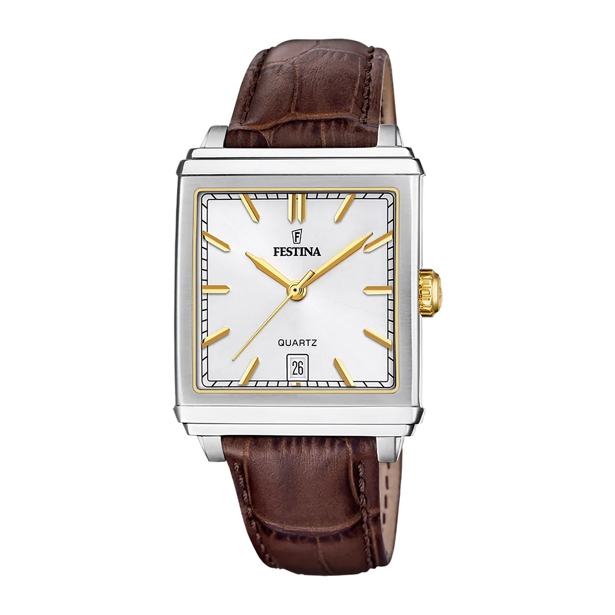 Reloj Festina análogo, para Hombre, tablero rectangular color plateado, estilo index, pulso cuero color café, calendario