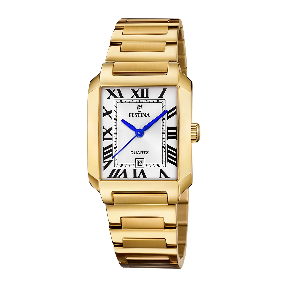 Reloj Festina analogo, para Dama, tablero rectangular color plateado, estilo romanos, pulso acero color dorado, calendario