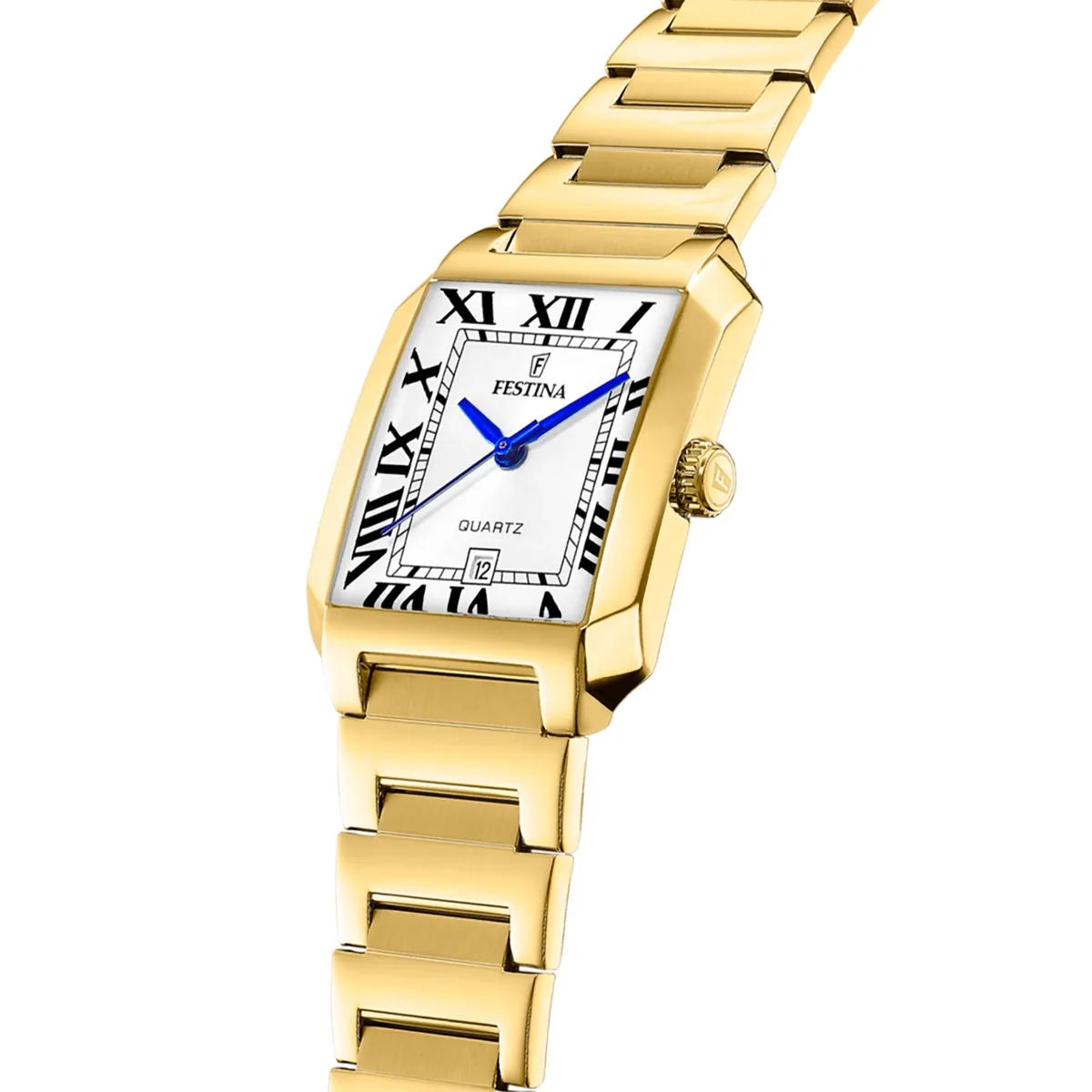 Reloj Festina analogo, para Dama, tablero rectangular color plateado, estilo romanos, pulso acero color dorado, calendario