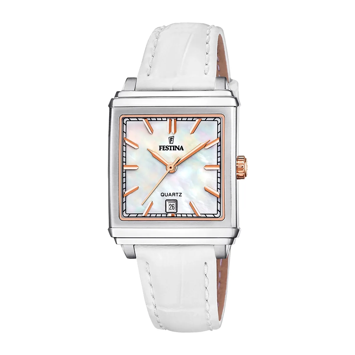Reloj Festina analogo, para Dama, tablero rectangular color blanco, estilo index, pulso cuero color blanco, calendario