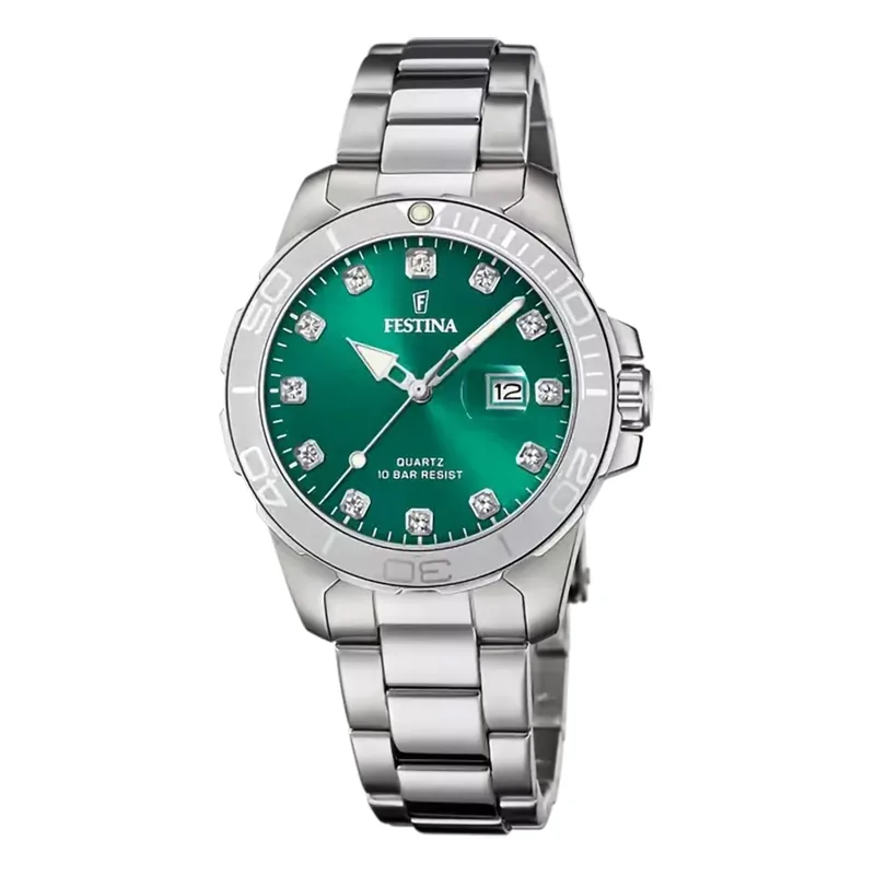 Reloj Festina analogo, para Dama, tablero redondo colores blanco y verde, estilo index, pulso acero color plateado, calendario