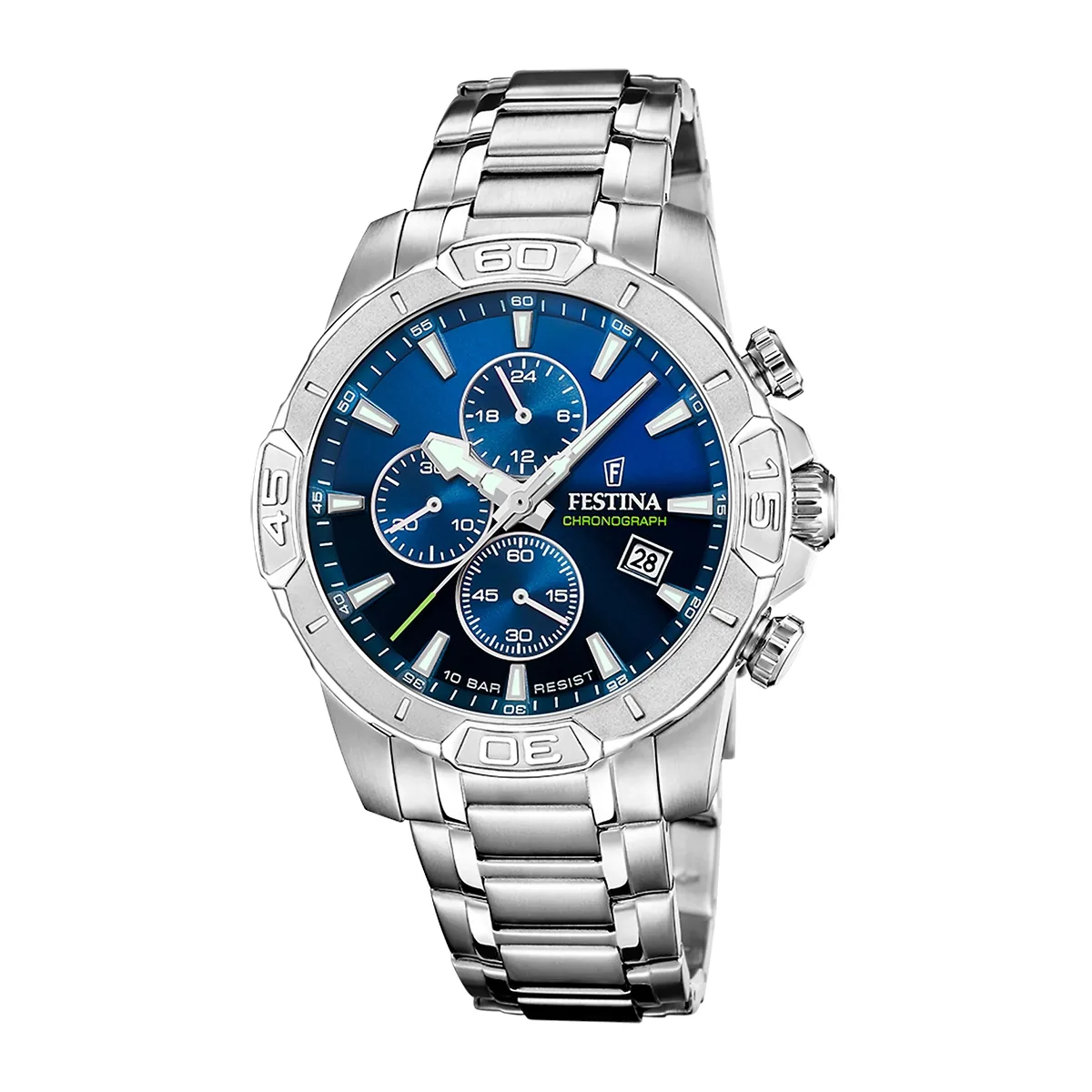 Reloj Festina analogo, para Hombre, tablero redondo colores negro y azul, estilo index, pulso acero color plateado, calendario, cronografo