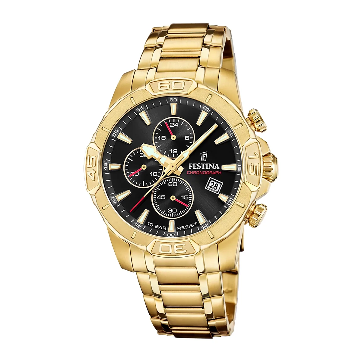 Reloj Festina analogo, para Hombre, tablero redondo color negro, estilo index, pulso acero color dorado, calendario, cronografo