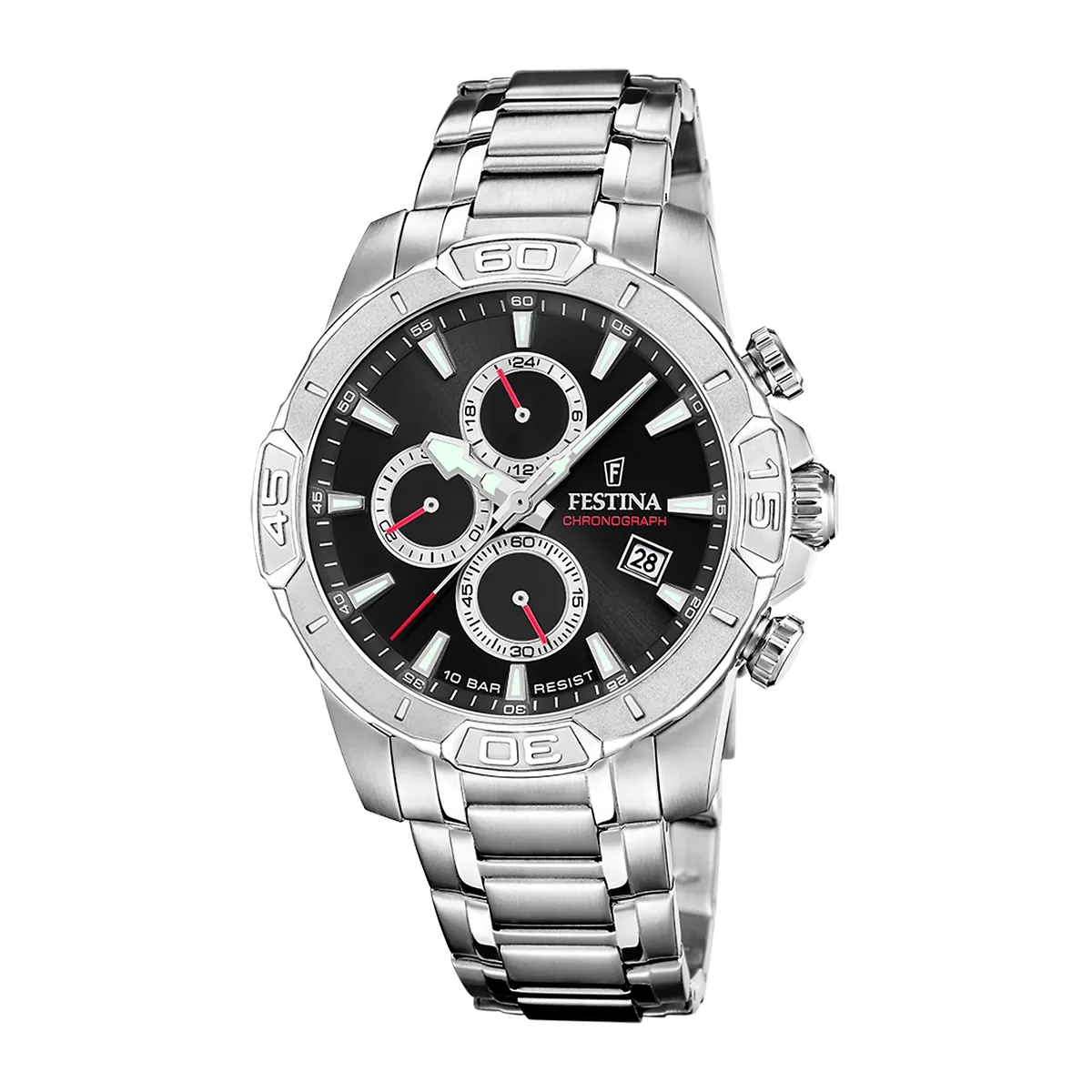 Reloj Festina analogo, para Hombre, tablero redondo colores negro y plateado, estilo index, pulso acero color plateado, calendario, cronografo