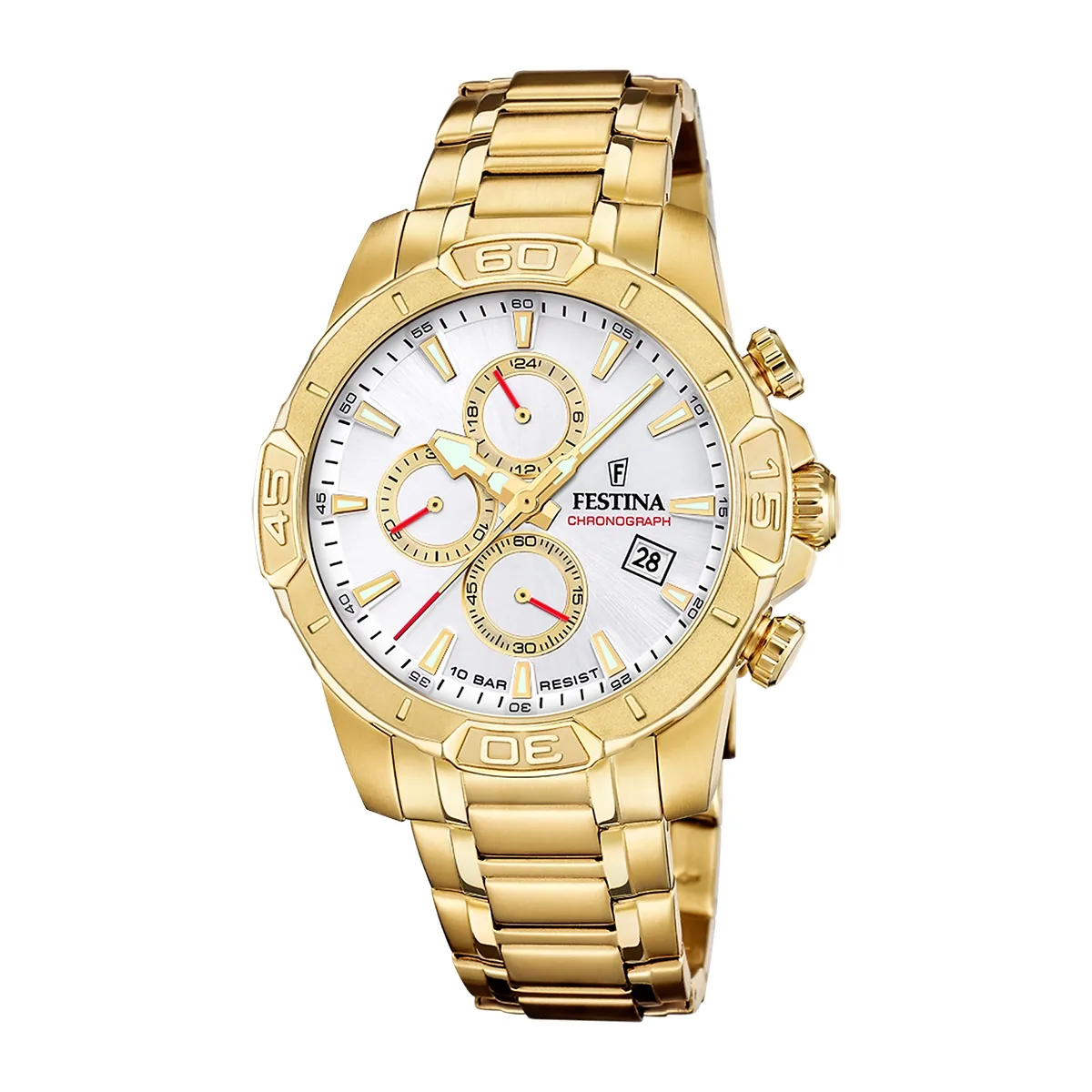Reloj Festina analogo, para Hombre, tablero redondo colores plateado y dorado, estilo index, pulso acero color dorado, calendario, cronografo