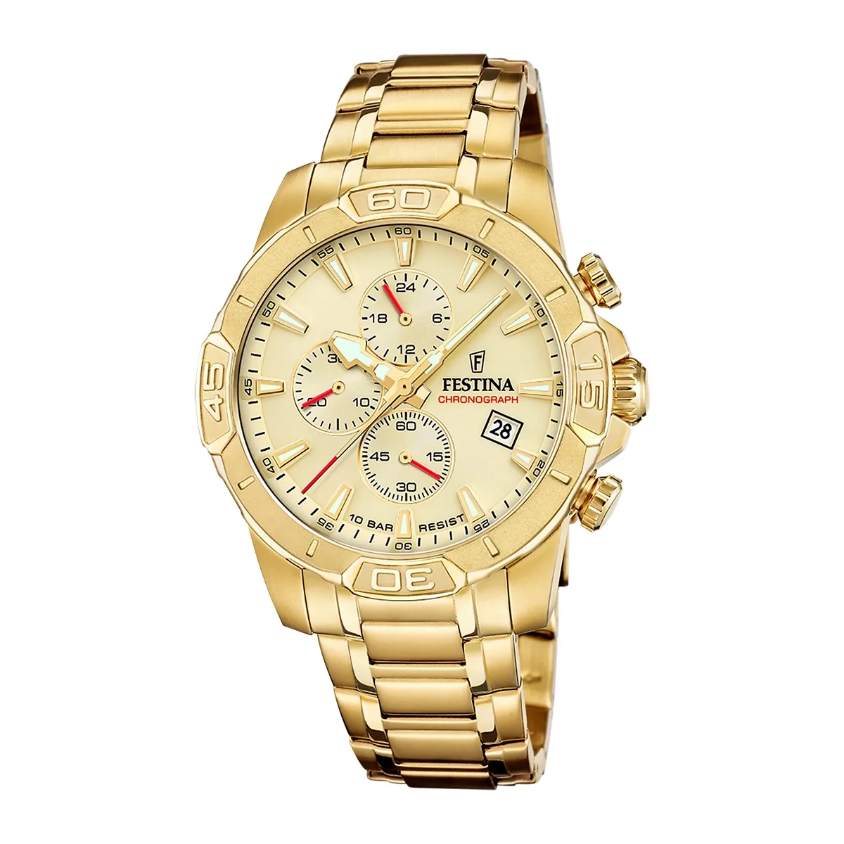 Reloj Festina analogo, para Hombre, tablero redondo color dorado, estilo index, pulso acero color dorado, calendario, cronografo