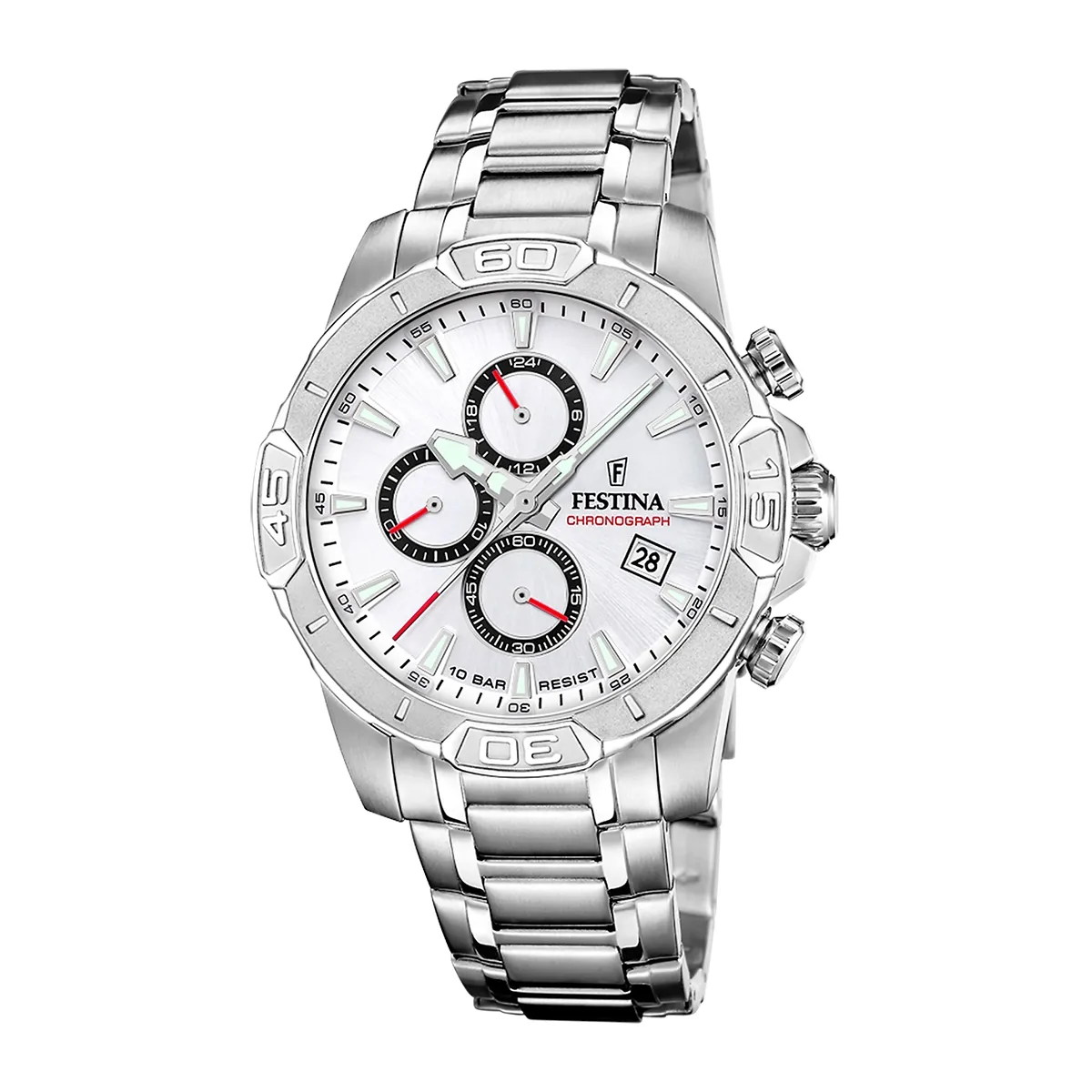Reloj Festina analogo, para Hombre, tablero redondo color plateado, estilo index, pulso acero color plateado, calendario, cronografo