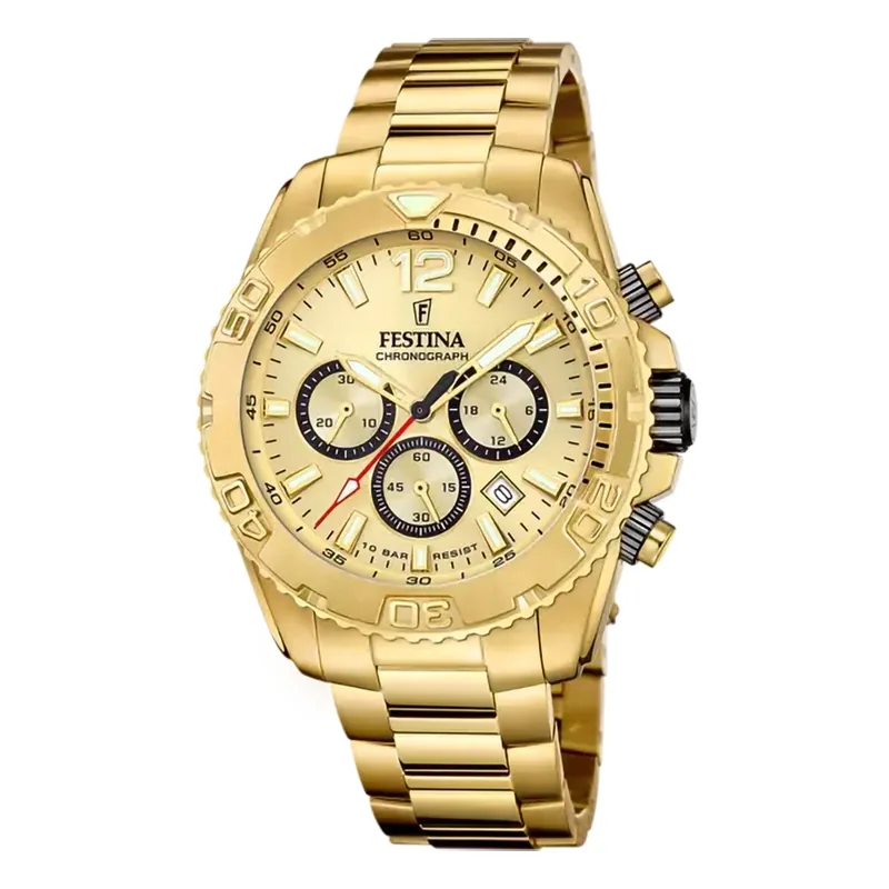 Reloj Festina analogo, para Hombre, tablero redondo colores dorado y negro, estilo index + arabigo, pulso acero color dorado, calendario, cronografo