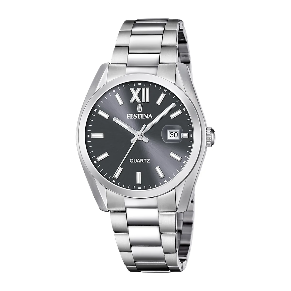 Reloj Festina análogo, para Hombre, tablero redondo color gris, estilo index + romano, pulso acero color plateado, calendario