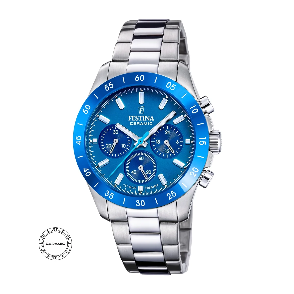 Reloj Festina analogo, Unisex, tablero redondo color azul, estilo index, pulso acero color plateado, cronografo