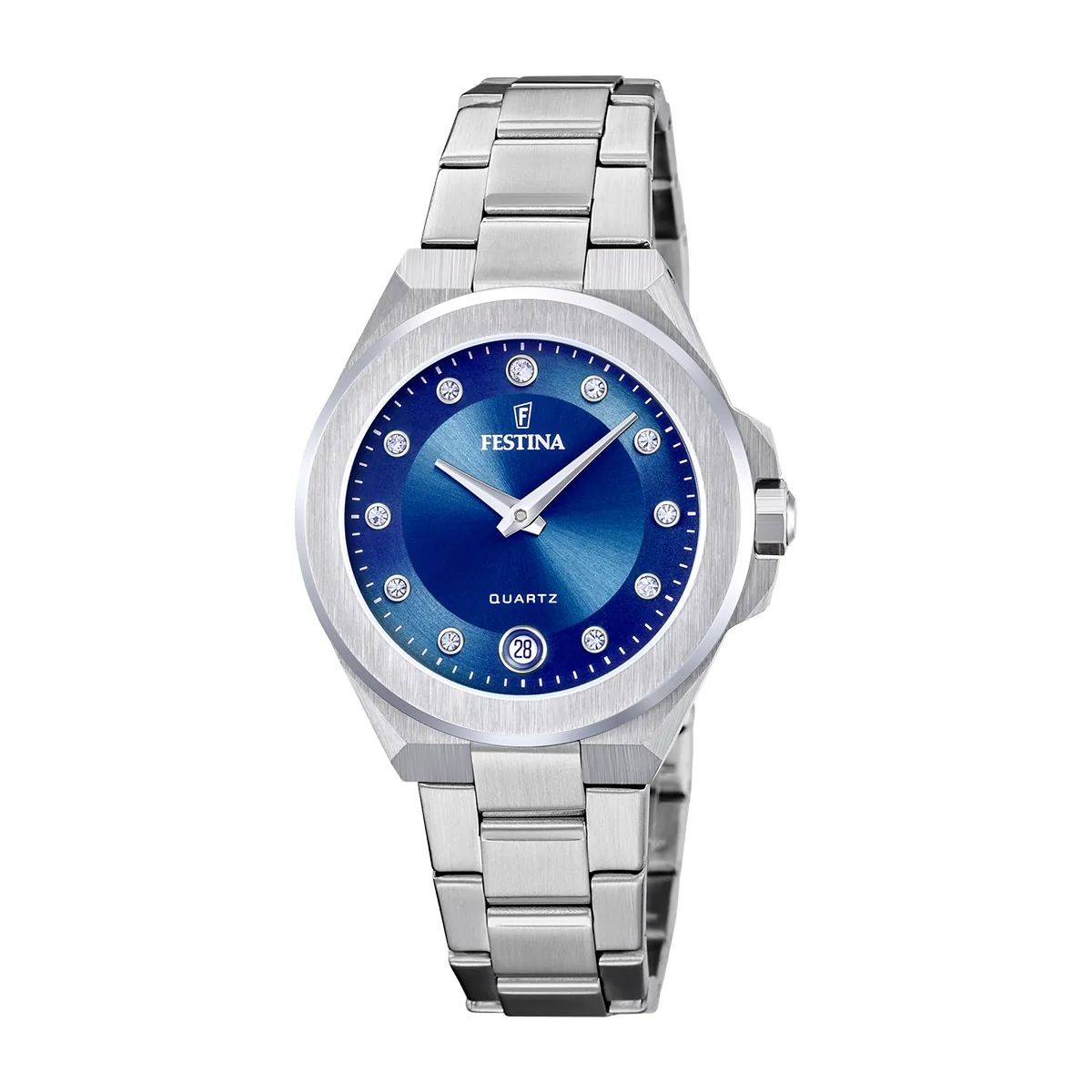 Reloj Festina análogo, para Dama, tablero redondo color azul, estilo puntos, pulso acero color plateado, calendario