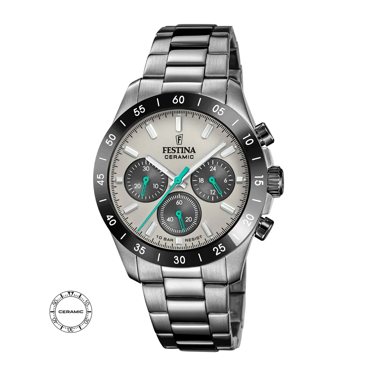 Reloj Festina analogo, Unisex, tablero redondo color gris, estilo index, pulso acero color gris, cronografo