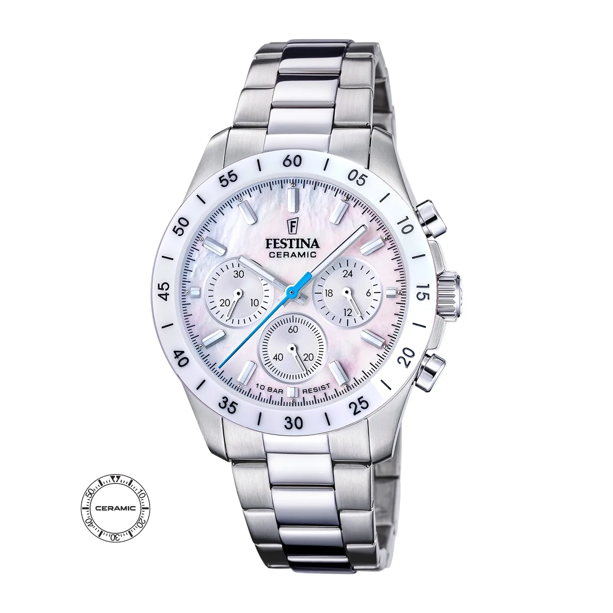 Reloj Festina analogo, Unisex, tablero redondo color blanco, estilo index, pulso acero color plateado, cronografo