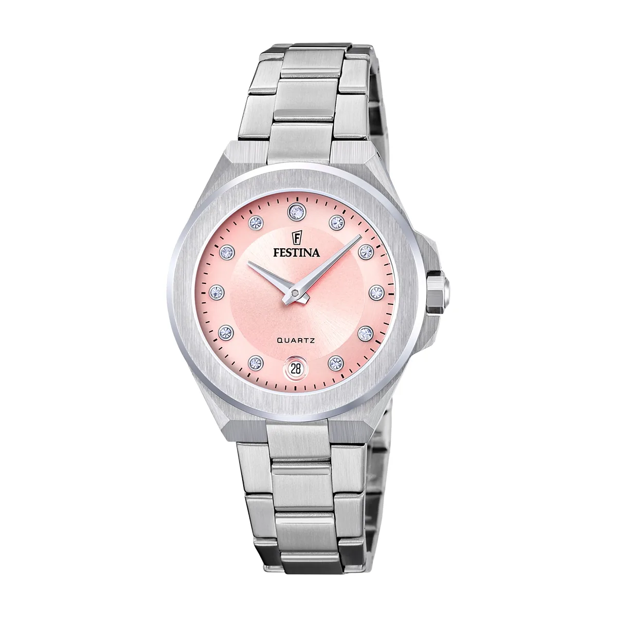 Reloj Festina analogo, para Dama, tablero redondo color rosado, estilo puntos, pulso acero color plateado, calendario